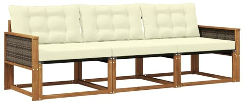 vidaXL Outdoor-Sofagarnitur mit Kissen 3 pcs Natur und Creme, Outdoor Sofa, Gartenmöbel, modernes Ecksofa, Terrasse Lounge, komfortable Sitzgelegenheit