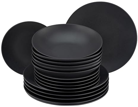 CreaTable, 23195, Serie Soft Touch Black, 18-teiliges Geschirrset für 6 Personen, Tellerset aus Steinzeug, spülmaschinen- und mikrowellengeeignet, Made in Portugal