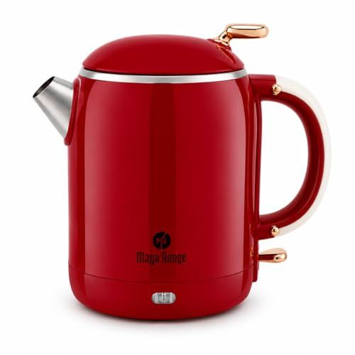 MAYA RANGE Electric Kettle, 1 Litre, Stainless Steel Interior, Retro Design, Fast Boil, Cordless 360° Base, Auto Shut-Off (Red)