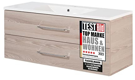 FACKELMANN Waschtischunterschrank inkl. Gussbecken B.CLEVER/Soft-Close-System/Maße (B x H x T): ca. 120 x 48,5 x 46 cm/Möbel fürs WC oder Badezimmer/Schrank: Braun hell/Becken: Weiß