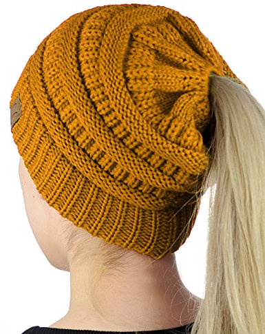 C.C BeanieTail Soft Stretch Cable Knit Messy High Bun Ponytail Beanie Hat, Mustard