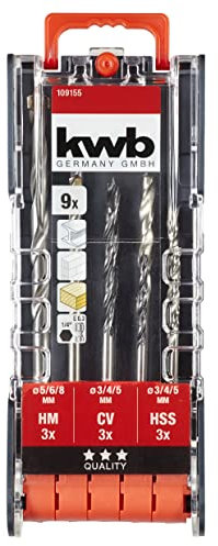 kwb PowerBox Kombibohrer-Satz – Bohrer-Set, 9-teilig für Metall, Stein, Holz, inkl. Sechskantschaft-Aufnahme