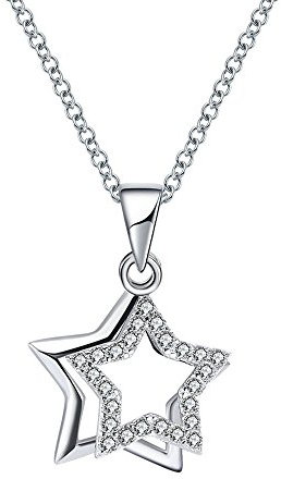Belons Damen Kette 925 Sterling Silber Zirkonia Halskette Kette mit Anhänger Doppel Sterne Sternchen Anhänger