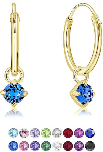 DTPsilver® KLEINE Creolen Ohrringe 925 Sterling Silber Gelb Vergoldet mit 3 mm Baumelnde Swarovski® Elements Kristall - Mädchen - Dicke 1.5 mm - Durchmesser 14 mm - Farbe : Blauer Saphir