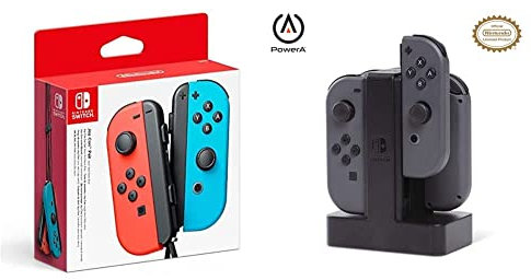 Nintendo Joy-Con 2er-Set Neon-Rot/Neon-Blau + PowerA Joy-Con-Ladestation Switch