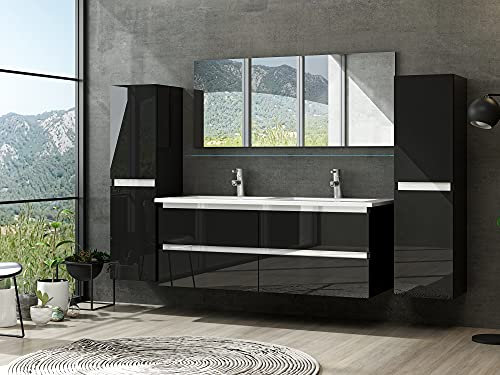 Badmöbel Set mit Schubladen Glas ablage (Marcel Schwarz, 120 cm Doppelbecken 2X Hochschrank)
