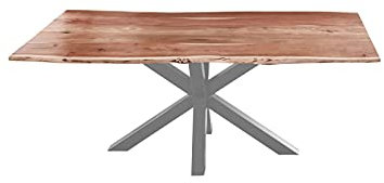SAM Esszimmertisch 220x100cm Toledo, echte Baumkante, Akazienholz naturfarben, massiver Baumkantentisch mit Spider-Gestell Silber