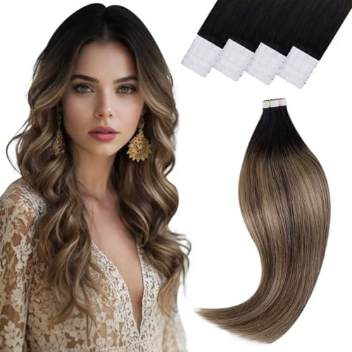 Vivien Extensions Echthaar Tape Schwarz Balayage Tape Extensions Echthaar Ombre Schwarz bis Mittelbraun und Honigblond Echtes Haar 20 Zoll 50g 20 Stücke