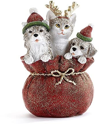 Giftcraft 682562 Weihnachtsfigur Hunde und Katze im Geschenksack, 12,4 cm, Polyresin