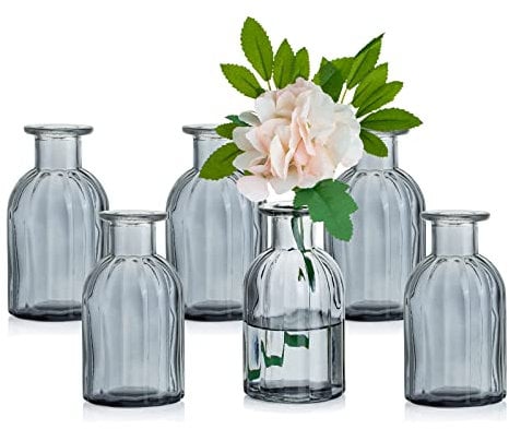 Glasseam Kleine Vasen Set Glasvase, 6 Stück Mini Blumenvase Grau Vintage Vase Glas Rund Glasvasen Flaschenvase Bunt Klein Geriffelte Tischvase Vasenset Glasflasche Deko für Hochzeit Tischdeko