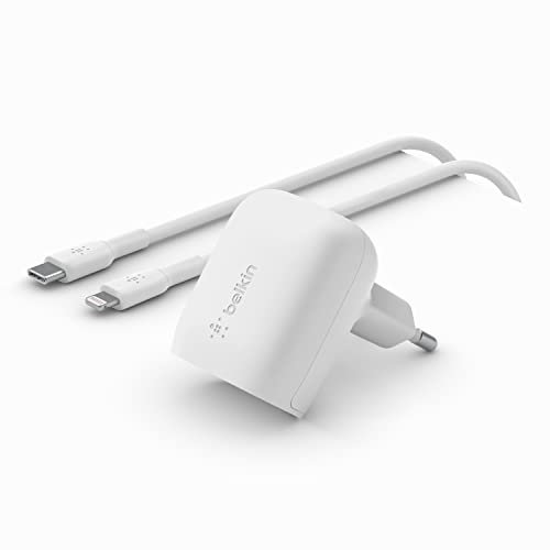 Belkin USB-C Power Delivery Schnellladegerät mit USB-C/Lightning-Kabel,Zertifiziert für PD 3.1 PPS,iPhone 14,Pro,Max,Plus,iPad,Galaxy,Pixel und andere Geräte,20W - Weiß,WCA006vf1MWH-B5,20-W