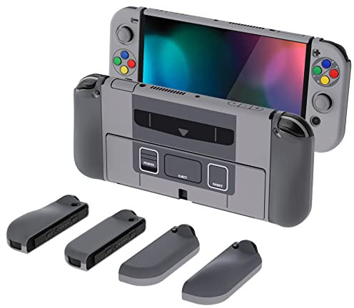 PlayVital AlterGrips Hülle für Nintendo Switch OLED, Joy Con Slim Case Hülle Schutzhülle Dockable, Ergonomische Grip mit Stick Caps&Tasten Kappen für Nintendo Switch OLED(SFC SNES Classic EU Style)