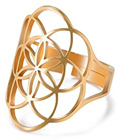 Amaxer Ring mit Blume des Lebens, Mandala, heilige Geometrie, Statement, ausgehöhlt, verstellbarer Bandring, Schmuck für Frauen, Edelstahl (Gold)
