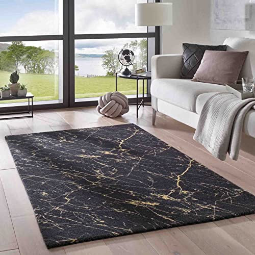 Taracarpet Teppich Supersoft Kurzflor-Teppich Valetta Marmor Blitz modern marmoriert waschbar für Wohnzimmer Schlafzimmer Jugendzimmer Badezimmer aus Polyester schwarz-Gold 200x290 cm