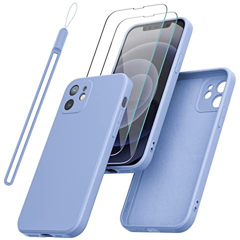 Giolus Case for iPhone 12 with 2 Pack Screen Protector with Wrist Strap, Premium Liquid Silicone Soft TPU Case Anti-Scratch Shockproof Full Body Phone Cover-Light Purple