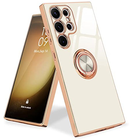 Urarssa Kompatibel mit Samsung Galaxy S23 Ultra Hülle, Galvanik Glänzend Handyhülle Weiche Mode Case mit 360 Grad Ring Ständer Schutzhülle, Stoßfest Samsung S23 Ultra 5G Hülle, Weiß