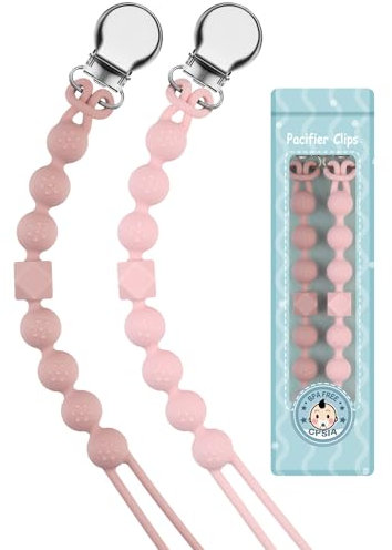 Kowlone Catenella Portaciuccio Silicone Ciuccio Clips Catena Succhietto per Ragazzi Ragazze Regalo Nascita Battesimo Baby Compleanno Natale 2 Pezzi(Rosa)