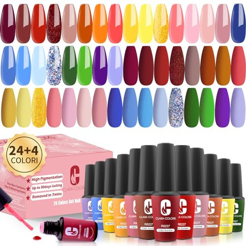 Clara Colors 28 teiliges Gel Nagellack Set, 24 Farben Nagellack Set mit blühendem, glänzendem und mattem Decklack, Basislack Maniküre Set für Mädchen und Frauen