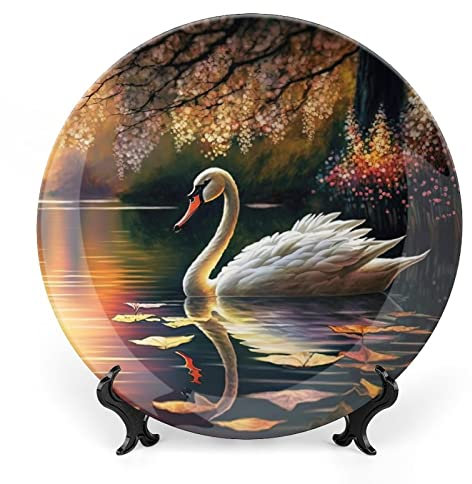 Piatti decorativi per la casa, scena del lago dei cigni, vassoio decorativo per esporre la tavola, piatto piano in ceramica con supporto, decorazione per soggiorno, sala da pranzo, regali di