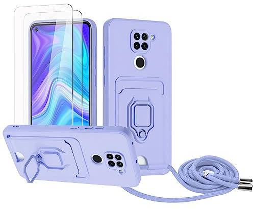 Zallagre Funda con Cuerda Compatible con Redmi Note 9,[2 Packs Cristal Templado],Ranura para Tarjetas,Cubierta de Cámara Deslizante Proteger,360 Anillo Soporte-Morado