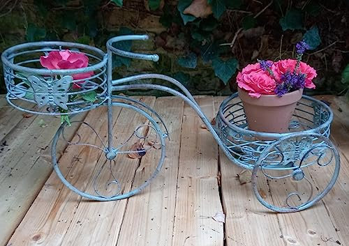 Inspirational Gifting Beautiful Verdigris Metal Butterfly Tricycle Flower Pot Planter with two plant pot holders