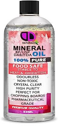 Pure Mineral Oil Premium Food Safe, Chopping Board Oil, Cutting Board, Worktop, Butcher Blocks, Countertops Wood, Slate, Stone- Tasteless, odourless & Clear (50ml Cap)