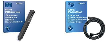 Duravit Stabbbrause mit Duschschlauch, wassersparender Duschkopf mit Strahlart Rain, flexibler Brauseschlauch (1,80m), Duschkopf eckig mit Schlauch, reinigungsfreundlich, schwarz matt