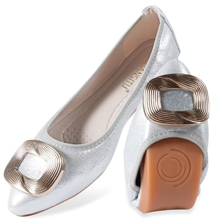 MACHSWON Damen Ballerinas Glitzernde Strass Hochzeit Ballerina Schuhe Faltbare Tragbare Komfort Slip on Flache Wanderschuhe, Silber 2, 39 EU