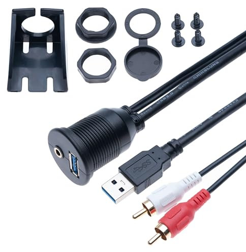 Câble USB Mâle 3.0 & RCA 3,5 mm AUX vers USB 1M et Extension de Montage Encastré pour Panneau de Bord Audio Stéréo Femelle pour Voiture, Vélo, Moto, Bateau, Remorque de Camion 1 Mètre