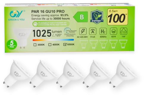 GY GU10 LED Kaltweiss Lampe 6.5W 6500K 1025 Lumen Kaltweiß Leuchtmittel,LED GU10 Energiesparlampe 100W lampe ersetzt,Nicht Dimmbar LED Birnen,5 stück [Energieeffizienzklasse B]