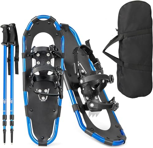 GYMAX Juego de Raquetas de Nieve 3en1, Bastones de Trekking, Bolsa de Transporte, 53/63/76 cm Raquetas de Nieve de Aluminio, Excursiones de Montaña y Trekking, para Adultos y Jóvenes (53 cm, Azul)