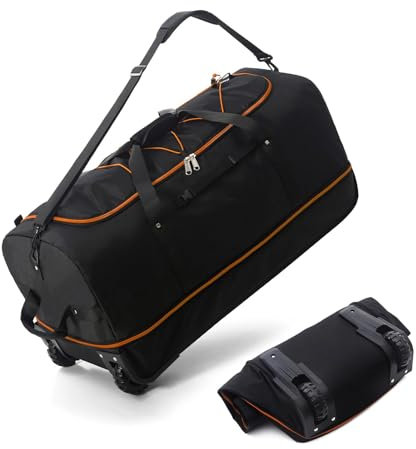 Vomgomfom 32 110L Erweiterbar 140L Reisetasche mit 2-Inline-Rädern, Faltbare Extra Große Sporttasche mit Multi-Griffe, Schwarz-Orange