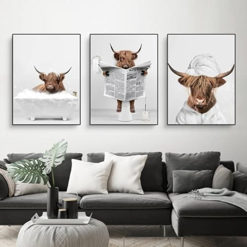 3er Set Poster Hochlandkuh Badezimmer Poster,Bilder von Geld Orang Utans und Affen,Tier Schwarz Weiß Wand Kunst Drucke,Rahmenlos (Poster-03,3Pcs-50x70cm)