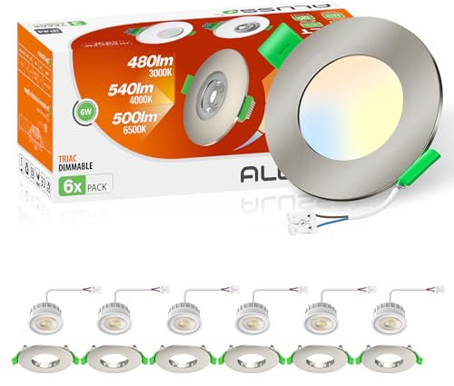ALUSSO Einbaustrahler 230V 68mm, 6W LED Einbaustrahler Flach 3CCT Warmweiß 3000K Naturweiß 4000K Kaltweiß 6500K, IP44 Spots Dimmbar für Küche Badezimmer Wohnzimmer 6er-Pack Nickel