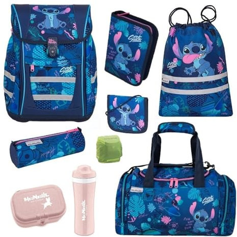 Familando Stitch Schulranzen Set für Mädchen 1. Klasse - mit passender Sporttasche, Dose und Flasche - Ergonomisch, Leicht, Geräumig - 980 Gramm, 18 L Volumen - McNeill Teneris Schultasche
