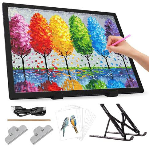 Zocelight A3 Rechargeable Light Box with Stand/Clips,led Light pad with 3000mAh Battery,3 Colors dimmable and 6 Level dimming Light Table for Diamond Painting,Drawing,Sketching,Tattoo,Vinyl Weeding