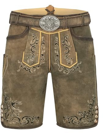 Krüger Herren Trachten Lederhose kurz, Modell: Ismael mit Gürtel, Knielang, braun und grau, Art.-Nr. 961367-0-0705, 48,