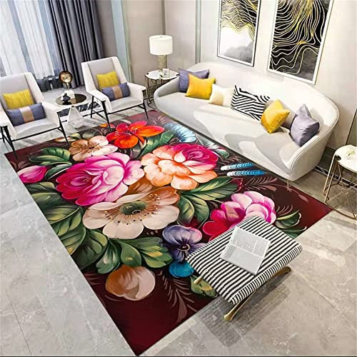 Medicle Weicher Teppich für den Flur, 120 x 160 cm, grüne Blätter, buntes Blumenmuster, Heimdekoration, weicher und schöner Heller Teppich