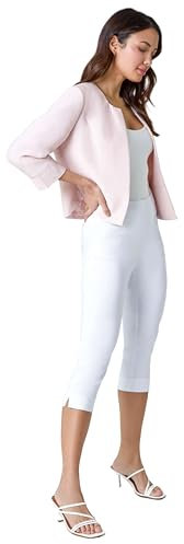 Roman Originals Cropped Bolero Jacket for Women UK Ladies Wedding Guests Shrug Jacquard Tailored Fitted Blazer Smart Work Formal Evening Short Round Collar 2 Pockets - Size 18 - Plain Light Pink