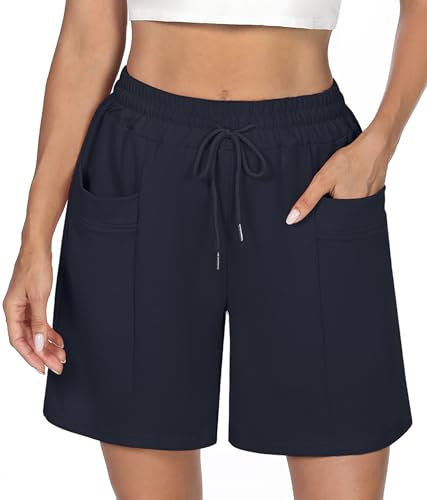 Demegimi Shorts Damen Bermuda Kurze Sporthose Knielang Sweatshorts Sommer Sport Shorts High Waist Lässig Kurz Hosen Baumwolle mit Taschen