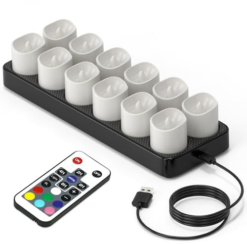 Yme Rechargeable Colored Tea Lights Candles with Charging Station, 12pcs Battery Operated LED Flameless Color Changing Votive Candles with Remote Timer for Halloween Pumpkin Christmas Decorations