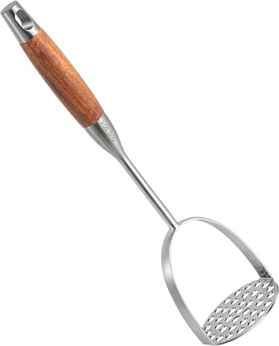Schiacciapatate in acciaio inox – Schiacciapatate resistente, professionale integrato per avocado, patate, fagioli, carne, verdure (schiacciapatate con manico in legno marrone)