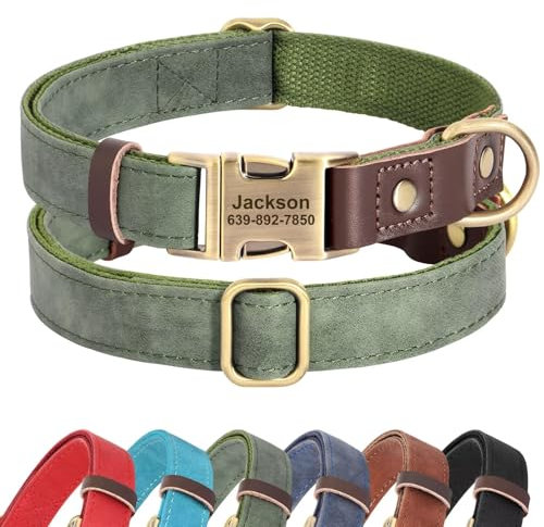 Didog Personalised PU Leather Dog Collar, Soft Durable Custom Dog Collars, Adjustable Christmas Dog Collar with Name Plate and Quick Released Metal Buckle for Small Medium Large Dogs, Green, L