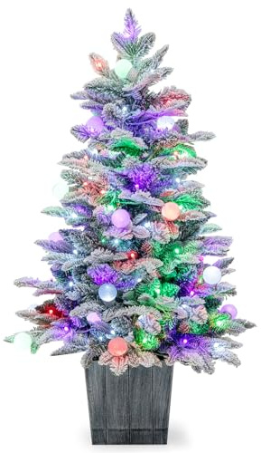 KOMFOTTEU Mini Árbol de Navidad Artificial (100 cm, 80 Luces) | Árbol Navideño con Nieve con 80 Luces LED, 148 Ramas de PVC y PE, Decoración Navideña Sobremesa para Hogar, Oficina, Fiesta