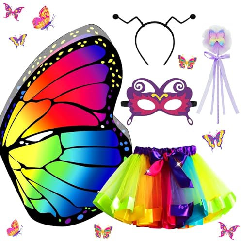 NebulaGlam 5 Stück Schmetterling Kostüm Kinder, Mädchen Schmetterlingsflügel kind Mädchen, mit Bunte Flügel Farbe Tutu Rock Maske Haarband Feenstab, für Karneval Cosplay