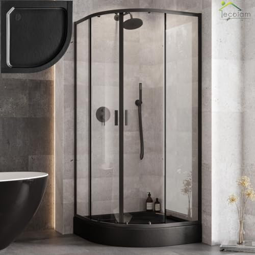 ECOLAM® Duschset Duschkabine Zarya 90 x 90 x 190 cm + Duschwanne Alex 90 x 90 x 16 cm R55 Dusche Schwarz Steineffekt Klarglas Echtglas Viertelkreis Schiebetüren transparent pflegeleicht