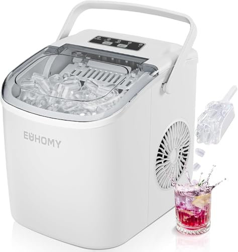 EUHOMY Eiswürfelmaschine, Eiswürfelmaschine Kleine, 9 Eiswürfel in 6 Minuten, Selbstreinigende Eiswürfelmaschine, mit Tragegriff und Eiskorb, 12 KG/Tag, Geeignet für Küche, Zuhause, Camping, RV, Weiß