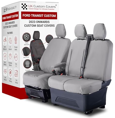 UK Custom Covers Ford Transit Custom Seat Covers – Front Van Seat Covers with Waterproof Protection, Dog Seat Cover, Heavy Duty Material to Fit 2023 On (Grey, Front S/D with Pull Down Tray)