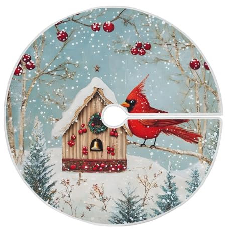 Christmas Tree Skirt Christmas Cardinal Snow Birdhouse Large Xmas Tree Skirts Decorative 120 CM Burlap Tree Mat Cover for Holiday Party
