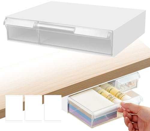 Untertisch Schublade,Unterbau Schublade Schreibtisch,Selbstklebende Schublade Unter Schreibtisch,Versteckte Under Desk Drawer,Transparente Unterbauschublade mit 2 Fächern für Schreibtisch